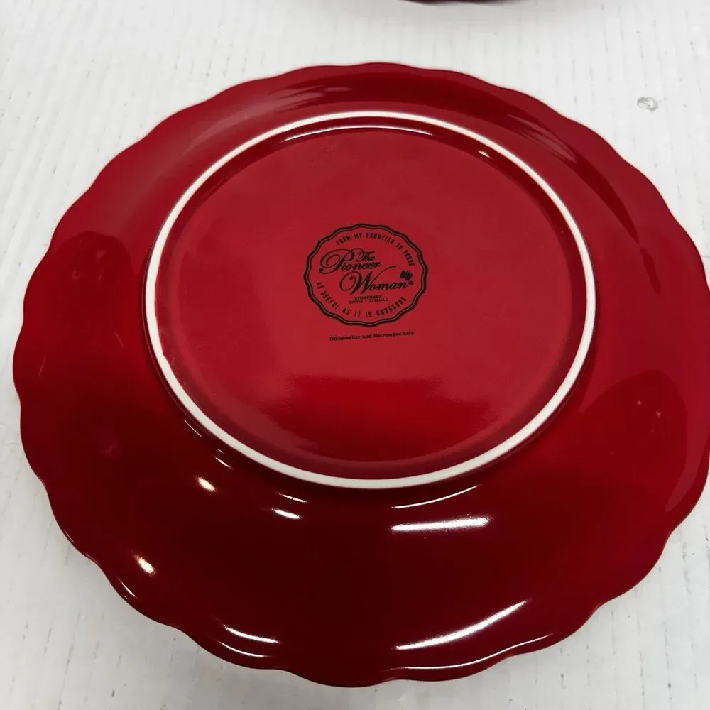 Pioneer Woman Red Salad Plates Set of 4 Floral Scalloped Stoneware 9”